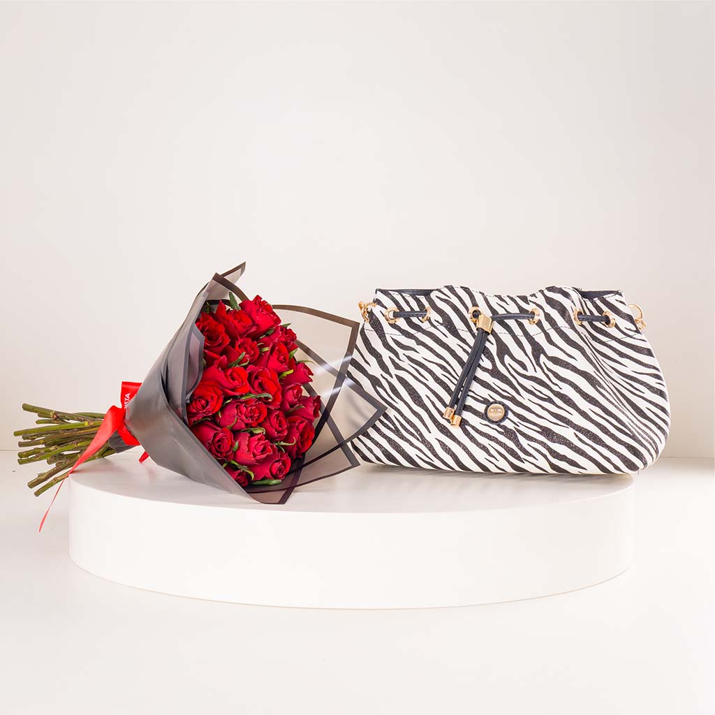 Flowrista Online Flowers Shop Alamki Safari Bag Black & White & 20 Red Roses Bouquet