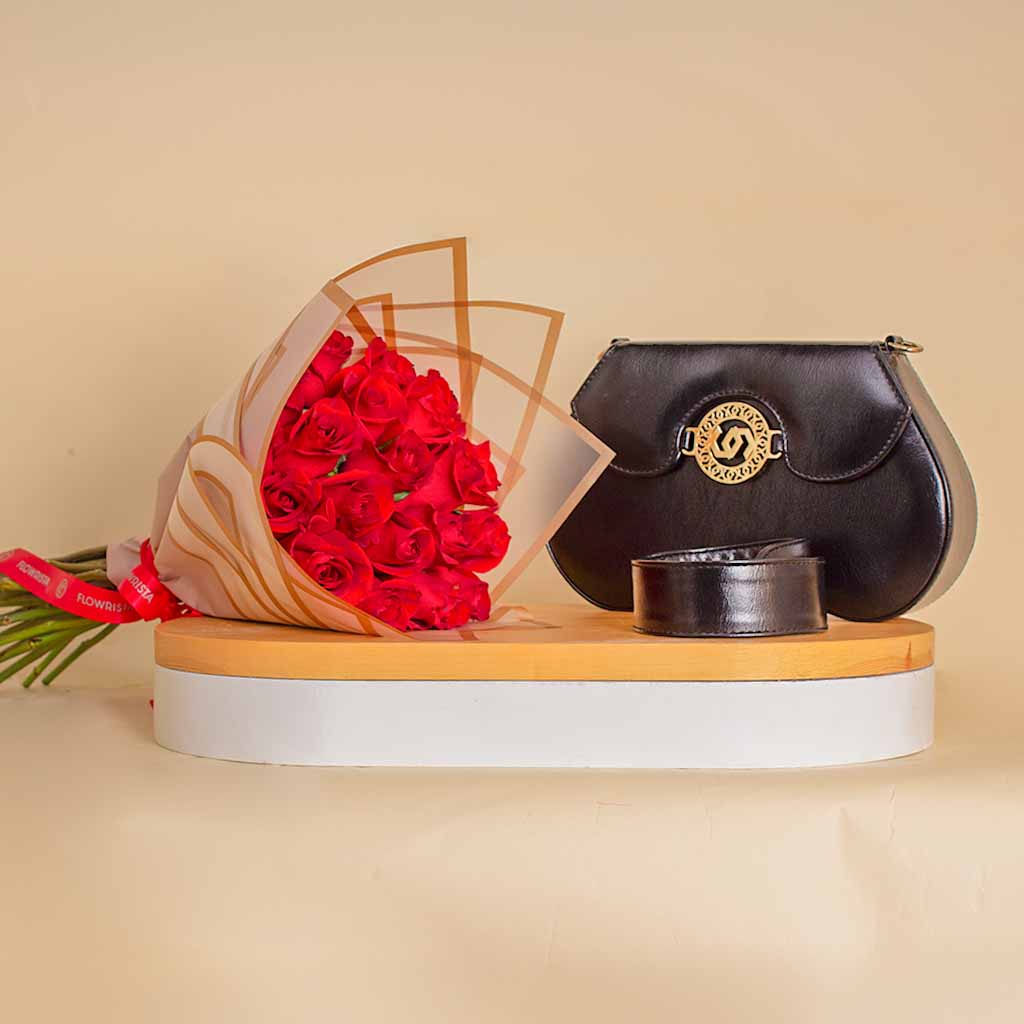 Flowrista Online Flowers Shop حقيبة كوكان السوداء مع بوكية من 20 وردة حمراء