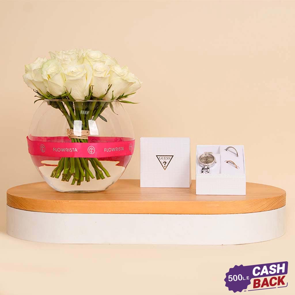 Flowrista Online Flowers Shop ساعة جيس التناظرية المصنوعة من الفولاذ المقاوم للصدأ ومزهرية بها 20 وردة بيضاء