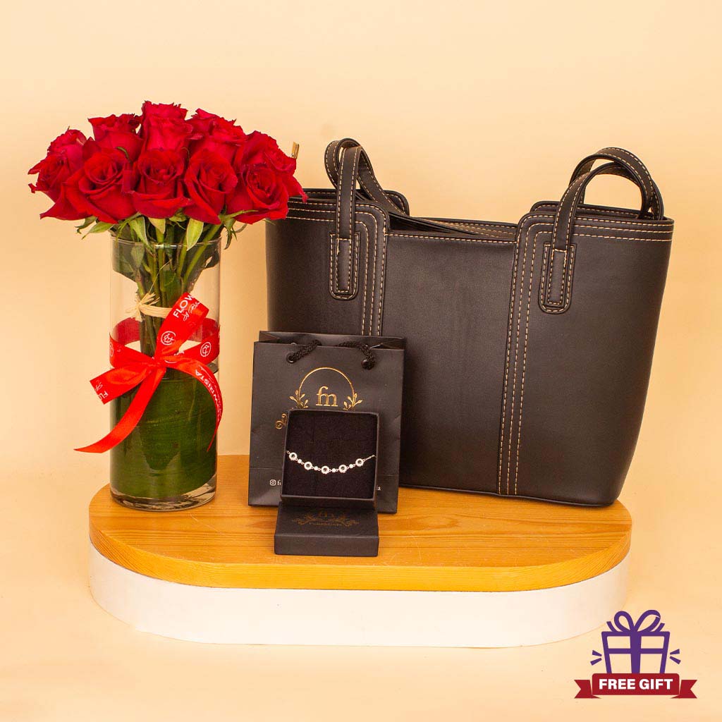 Flowrista Online Flowers Shop Juliette & Silver Grace Bundle - Bag & Bracelet & Red Roses