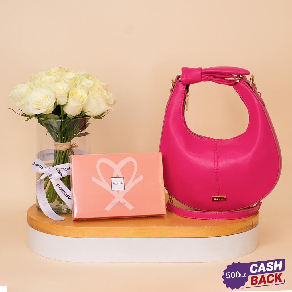 Flowrista Online Flowers Shop Alamki Bella Fuchsia Bag & Passionelle Mini Mellow Chocolate & White Roses Vase