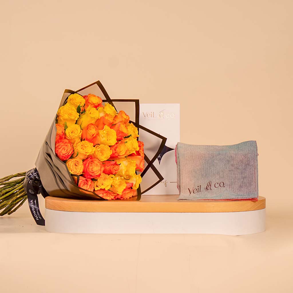 Flowrista Online Flowers Shop Veil and Co Chiffon Tales Chiffon Hijab | Yellow and Orange Roses Hand Bouquet