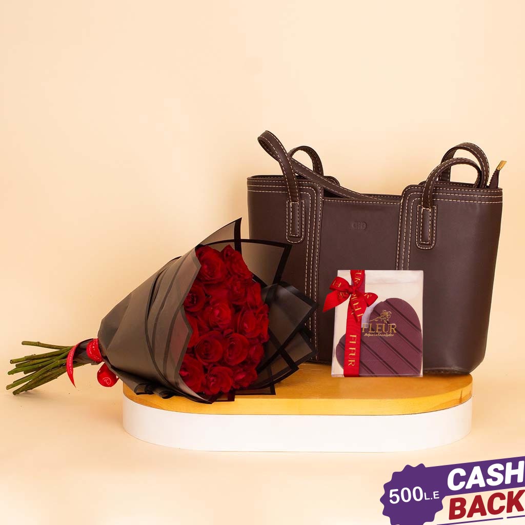 Flowrista Online Flowers Shop Alamki Juliette Brown Bag & Red Roses Boutique