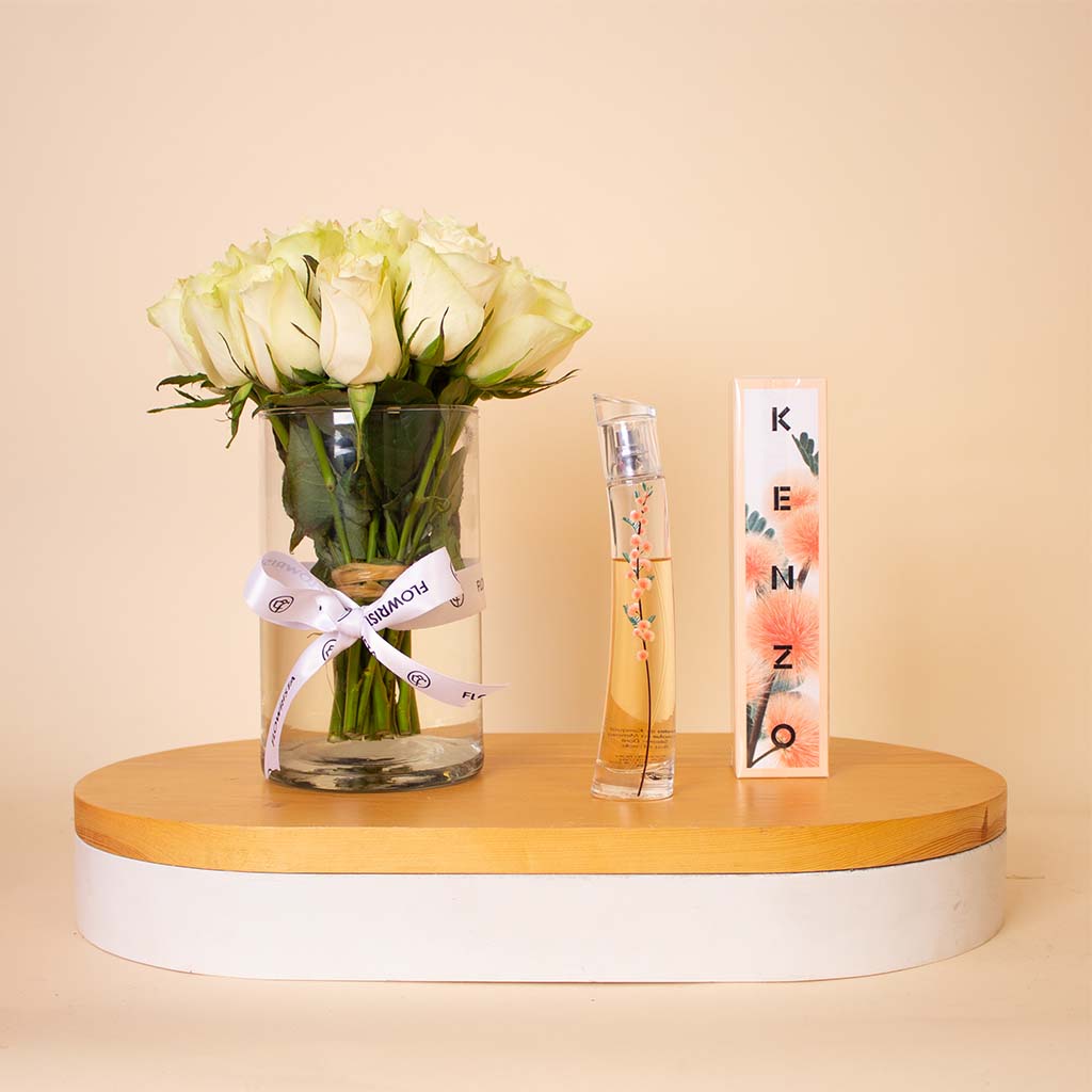 Flowrista Online Flowers Shop Kenzo Flower Ikebana EDP 75ml & White Roses Vase