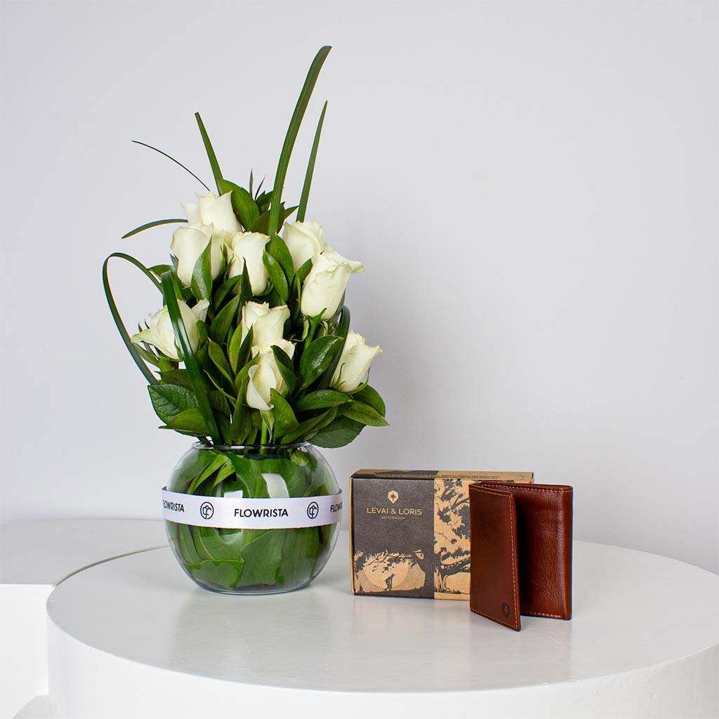 Flowrista Online Flowers Shop Levai & Loris Baron Camel Wallet & 9 White Roses