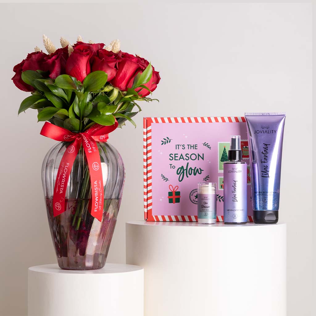 Flowrista Online Flowers Shop Joviality Lilac Glow Collection & Red Roses Vase