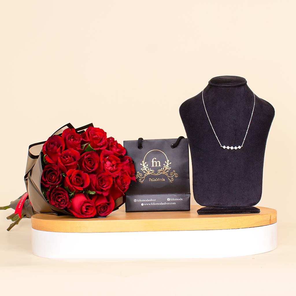 Flowrista Online Flowers Shop Five square pendants silver necklace zircon stones And Romantic Hand Bouquet 