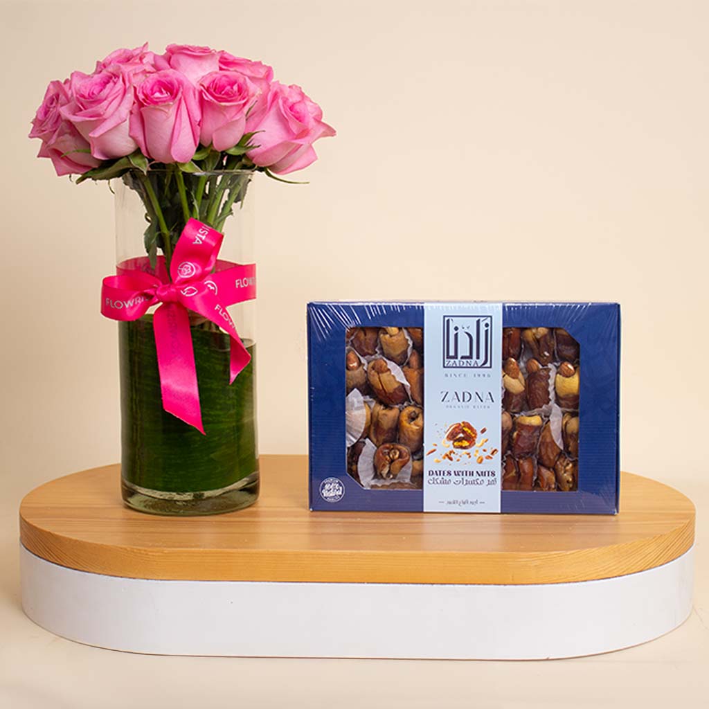Flowrista Online Flowers Shop Zadna Dates Mixed Nuts & 15 Pink Roses Vase