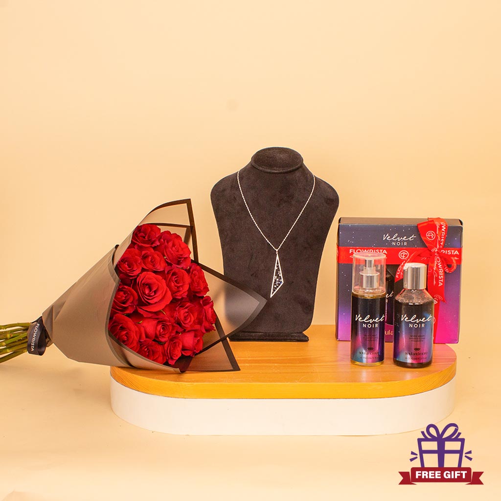 Flowrista Online Flowers Shop Velvet Noir & Red Roses Bundle - Felizmoda Triangle Zircon Necklace & Red Roses Bouquet