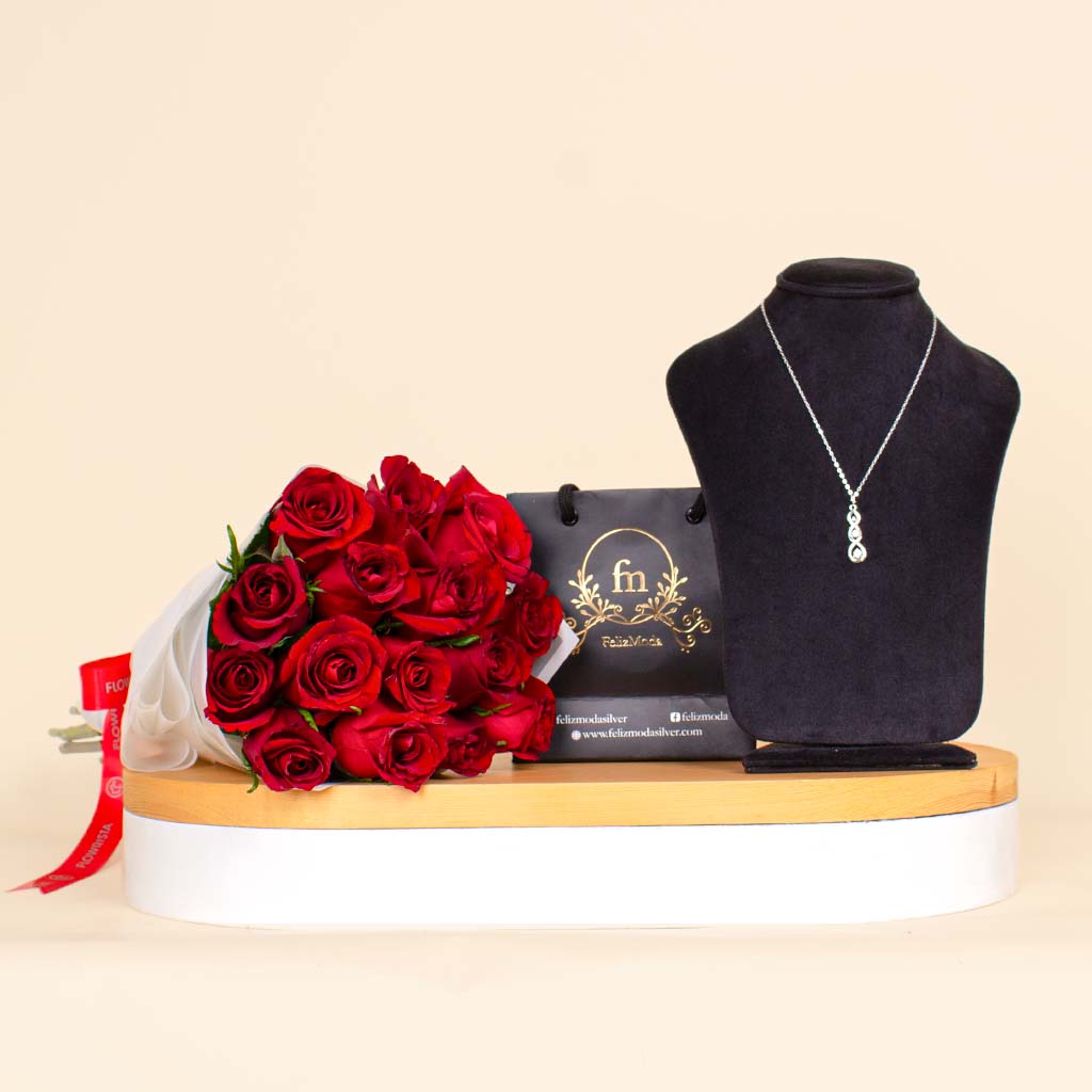 Flowrista Online Flowers Shop FelizModa Three Stones Silver Necklace & Romantic Hand Bouquet 