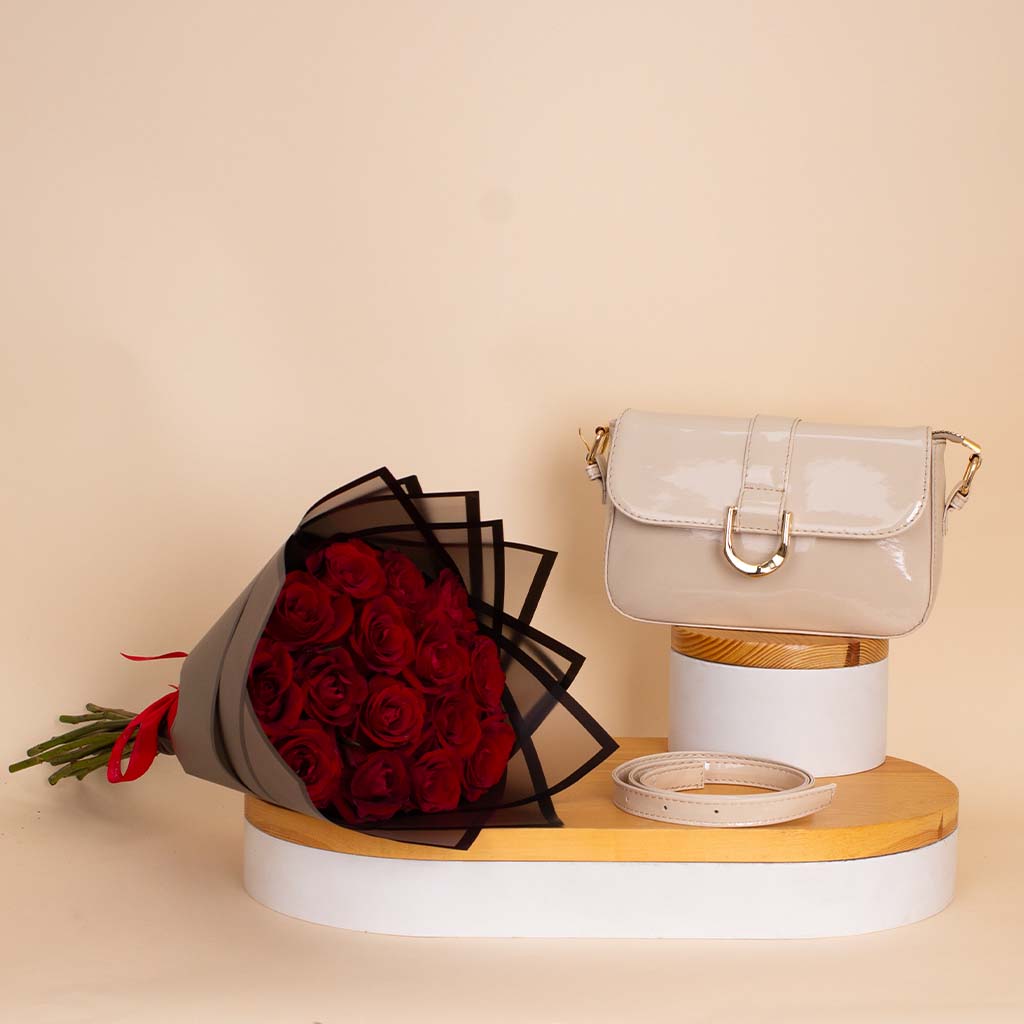 Flowrista Online Flowers Shop Alamki Glossy Glam Creamy Bag & Red Roses