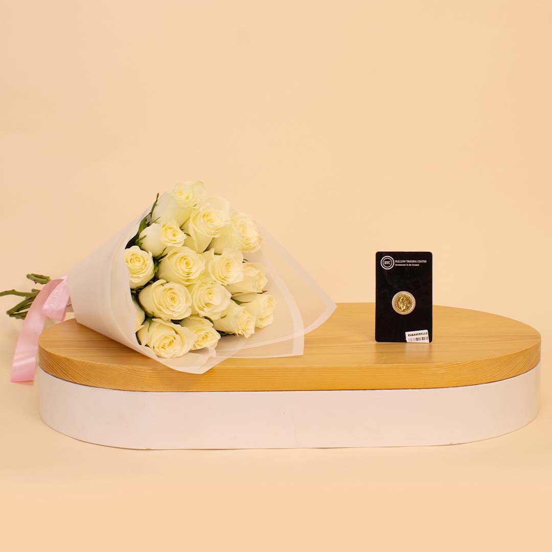 Flowrista Online Flowers Shop BTC Quarter Gold Pound (2g) with Hand Bouquet of 15 White Roses