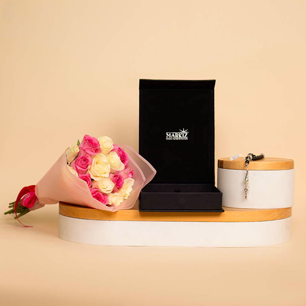 Flowrista Online Flowers Shop سبحة ماركيز الفضية من العقيق الأسود و 15 وردة