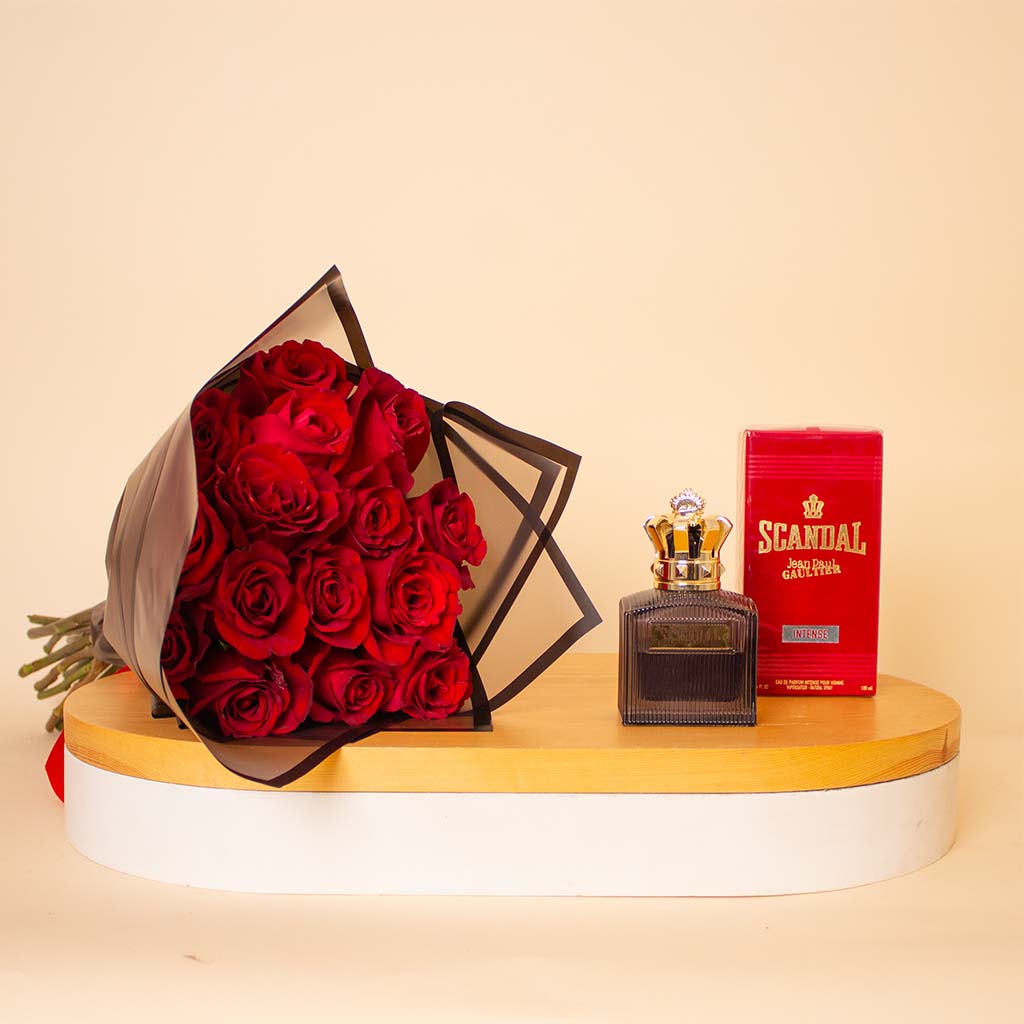 Flowrista Online Flowers Shop Jean Paul Gaultier Scandal Intense Men 100ml & Red Roses Bouquet
