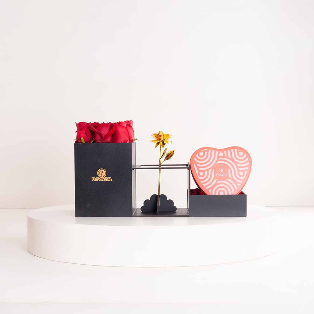 Flowrista Online Flowers Shop Patchi Tin Box of 22 Pieces and 9 red roses