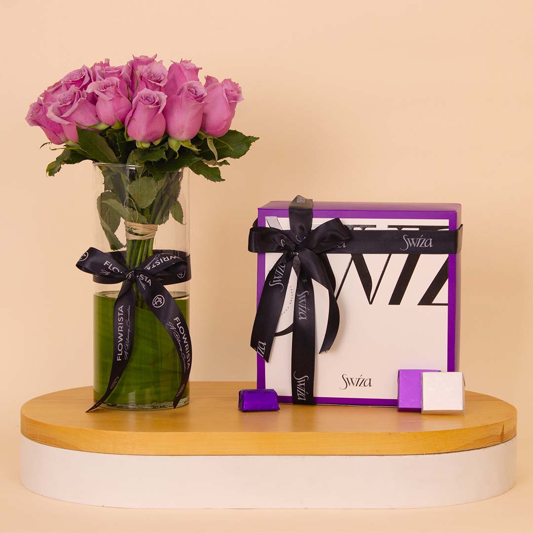 Flowrista Online Flowers Shop Swiza Chocolate Box 500g & Purple Roses Vase