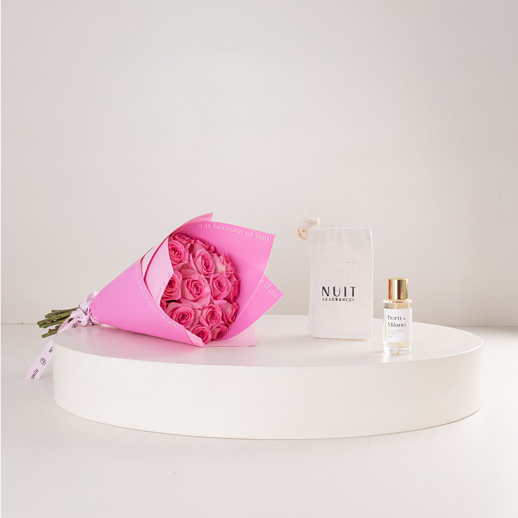 Flowrista Online Flowers Shop Nuit Born In Milano Eau de Parfum 50ml & Pink Roses Bouquet