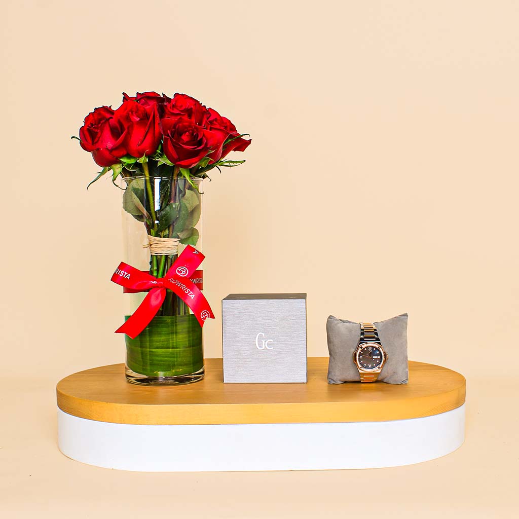 Flowrista Online Flowers Shop Guess Collection Analog Watch  | Red flower vase