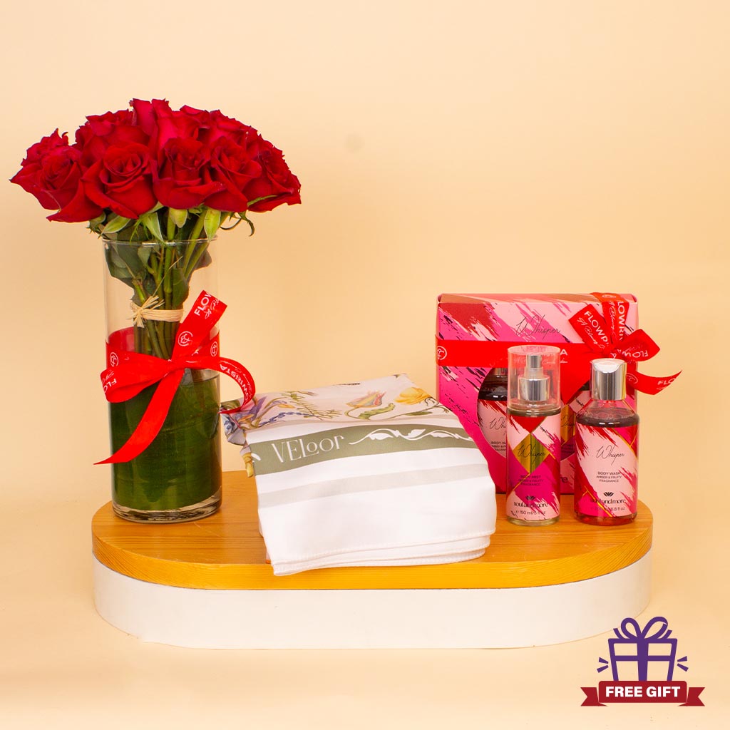 Flowrista Online Flowers Shop مجموعة ويسبر آند روزز الأنيقة - وشاح فلور ومجموعة ويسبر سول آند مور وورود حمراء