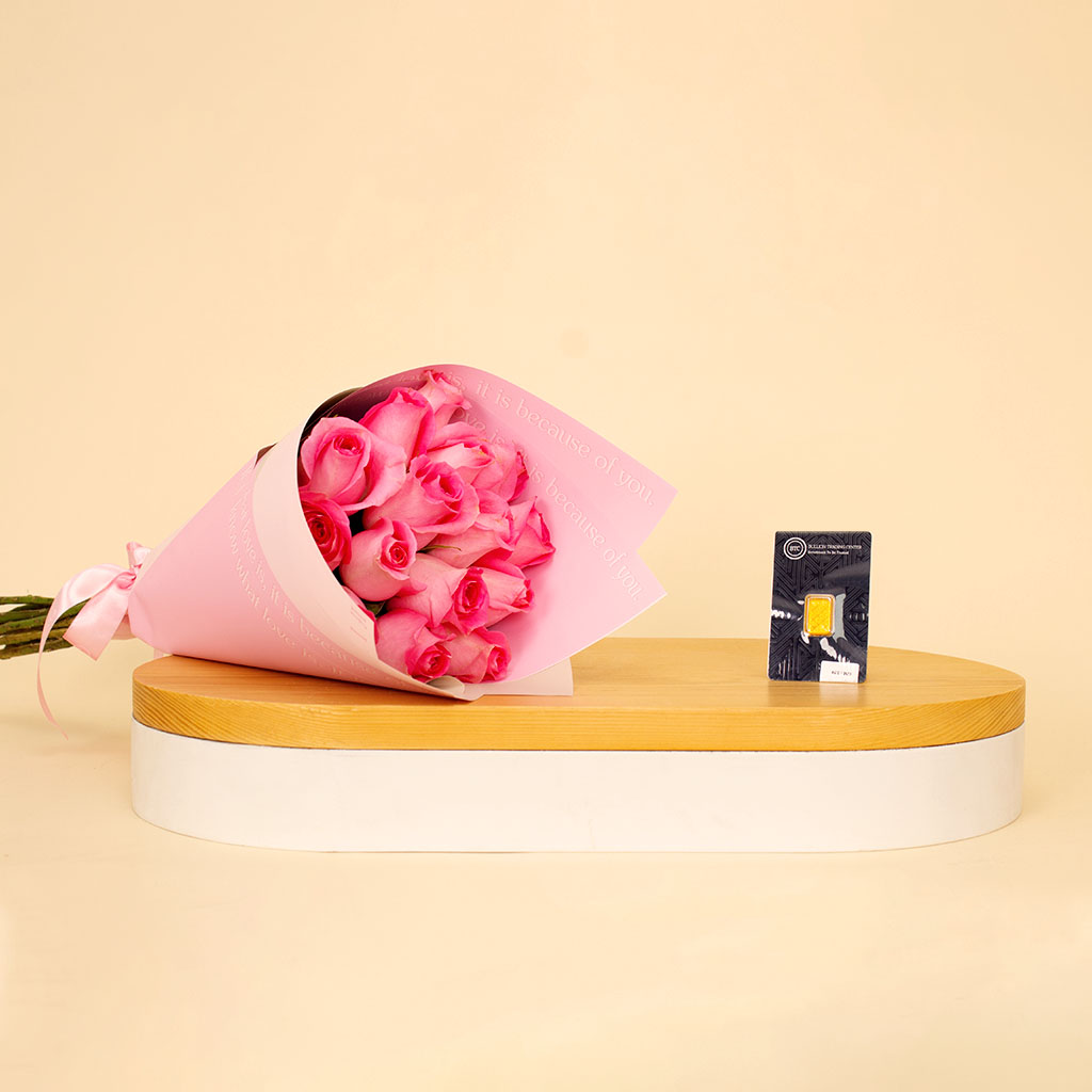 Flowrista Online Flowers Shop BTC 2.5g Gold Ingot with Hand Bouquet of 15 Pink Roses