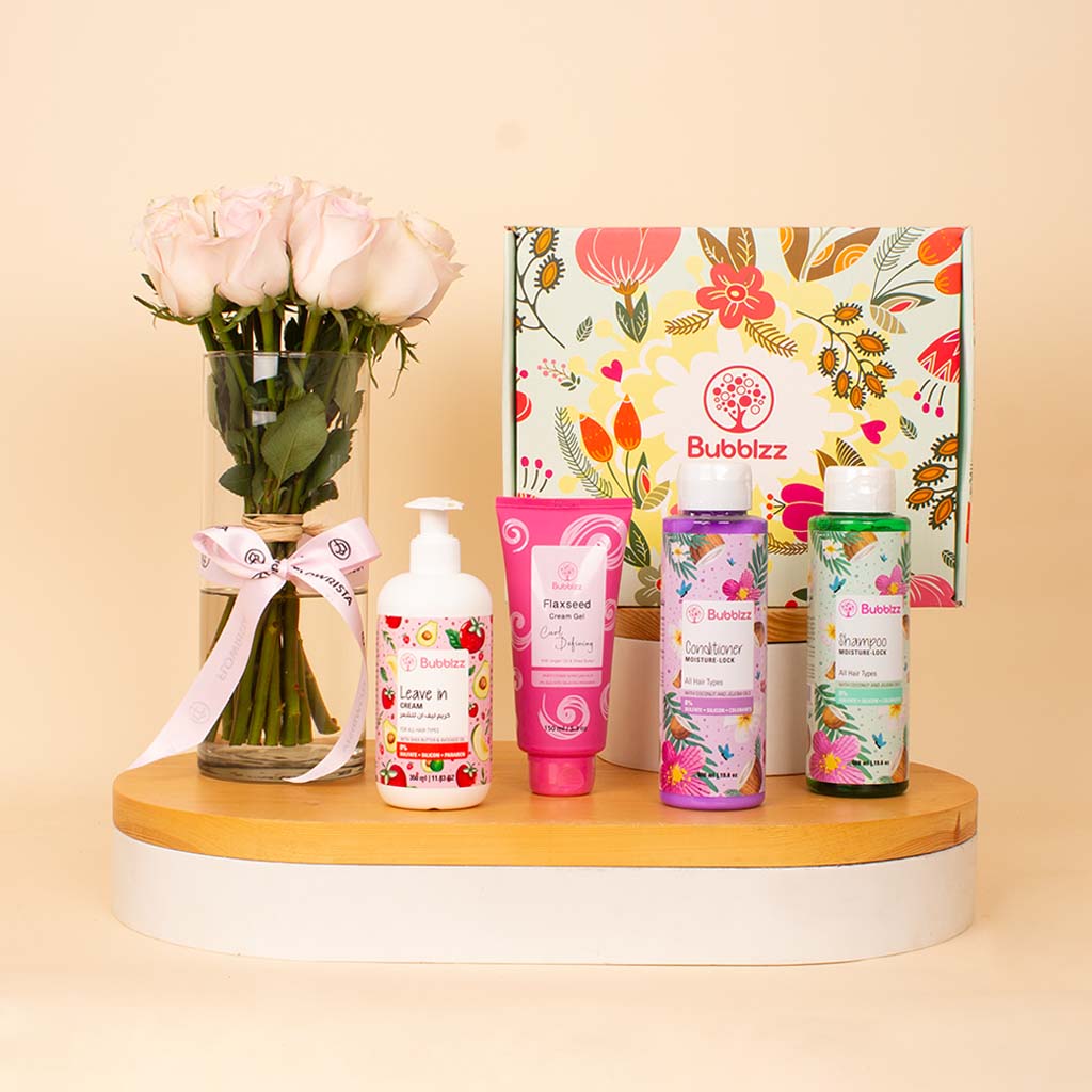 Flowrista Online Flowers Shop Bubblzz Flower Bouquet Gift set Hair Care & Pink Roses Vase