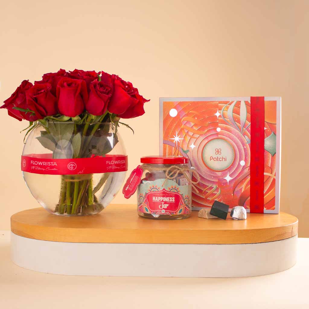Flowrista Online Flowers Shop Happiness Jar, Patchi Joyful Moments & 15 Red Roses Vase