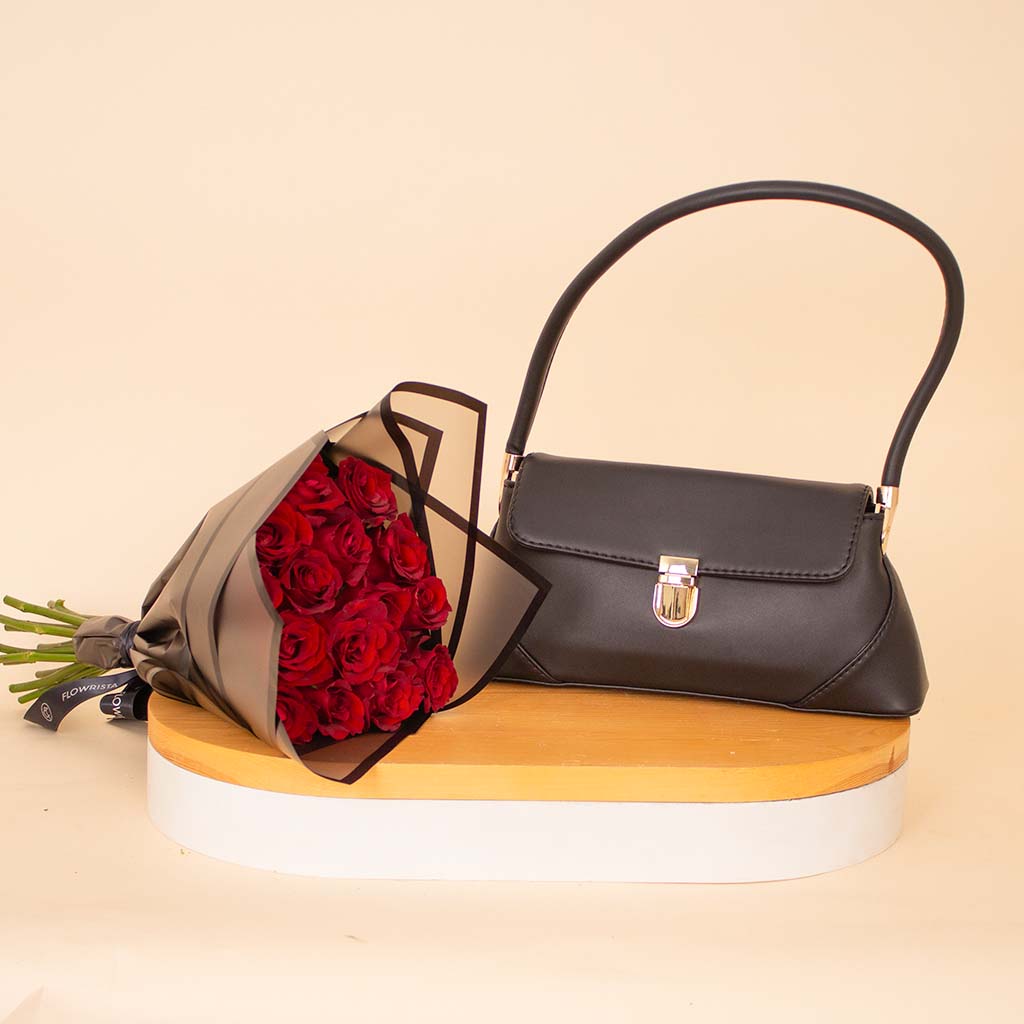 Flowrista Online Flowers Shop Alamki Arvin Black Bag & Red Roses