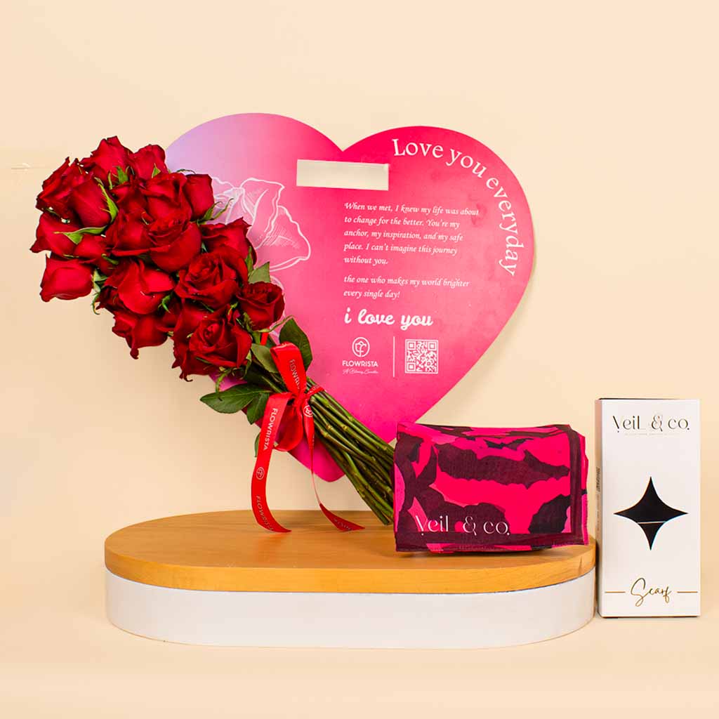 Flowrista Online Flowers Shop Veil & Co Crimson Whirl chiffon hijab | Flowrista presents Heart of Love 15 Roses