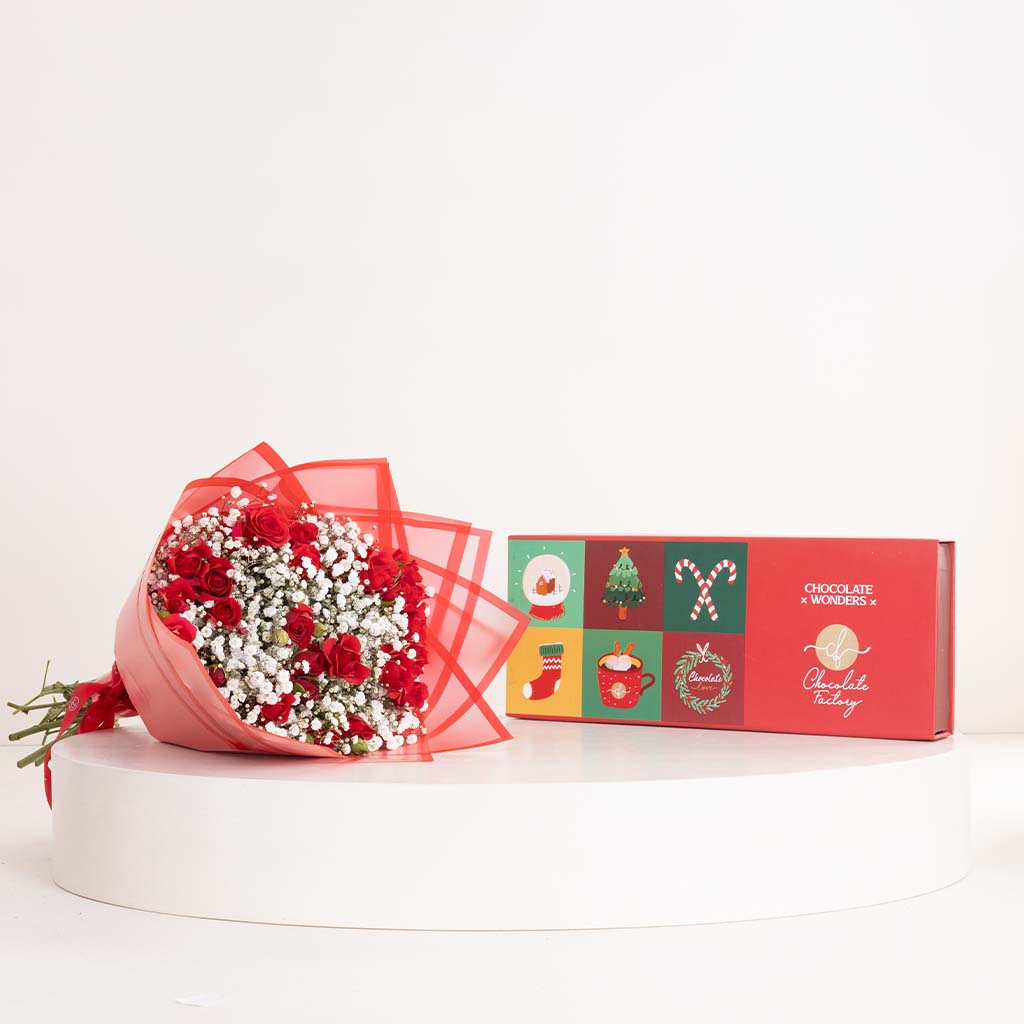 Flowrista Online Flowers Shop Chocolate Factory Premium Chocolates 610g & Baby Rose Bouquet
