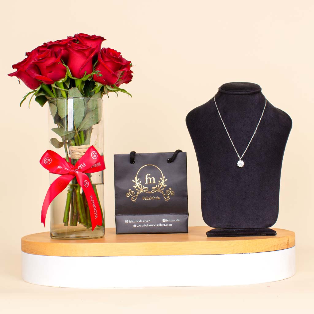 Flowrista Online Flowers Shop FelizModa Shiny Stones Round Pendant Silver Necklace | Red Flower Vase