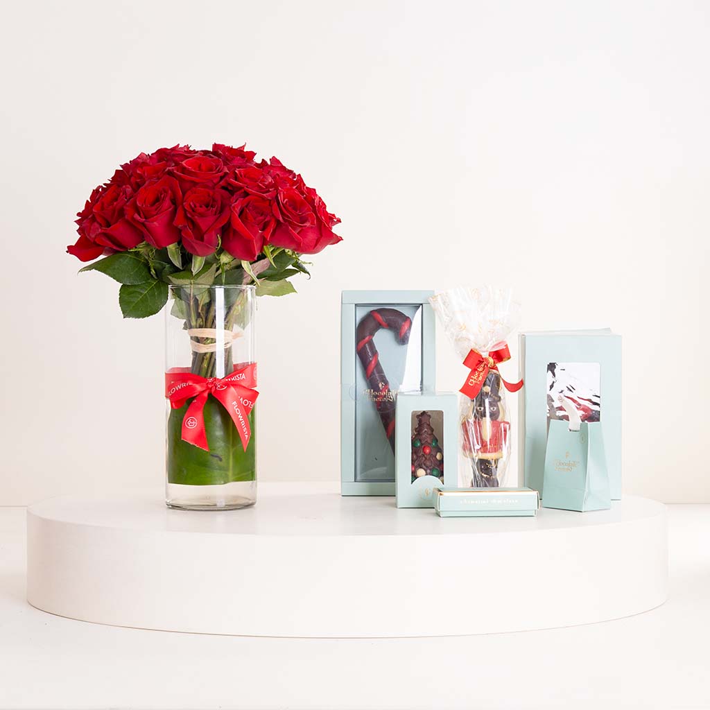 Flowrista Online Flowers Shop Chocolate Factory Chocolates Collection & Red Roses Vase