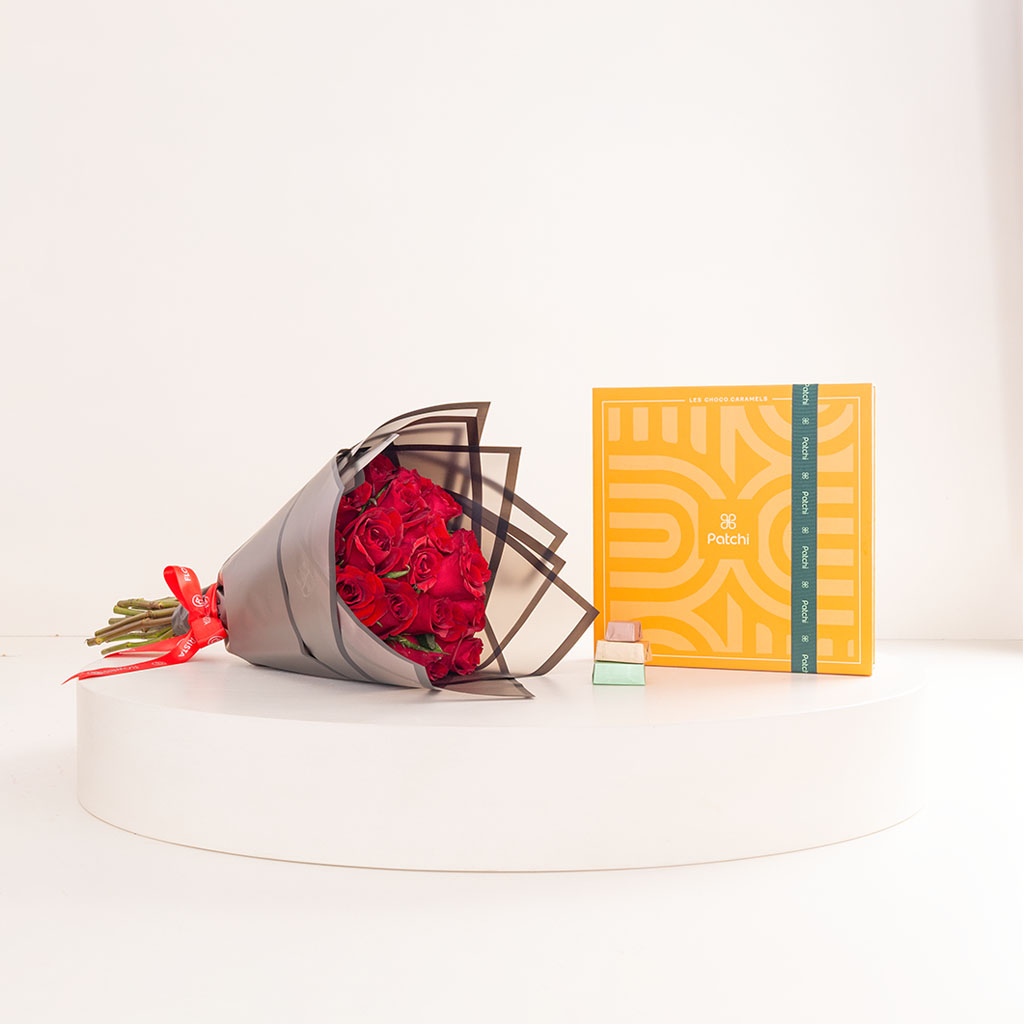 Flowrista Online Flowers Shop Patchi Les Choco Caramels 465g & Red Roses Bouquet