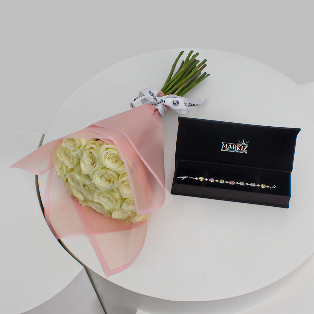 Flowrista Online Flowers Shop سوار ماركيز الفضي وباقة من 20 وردة بيضاء - هدية أنيقة للغاية