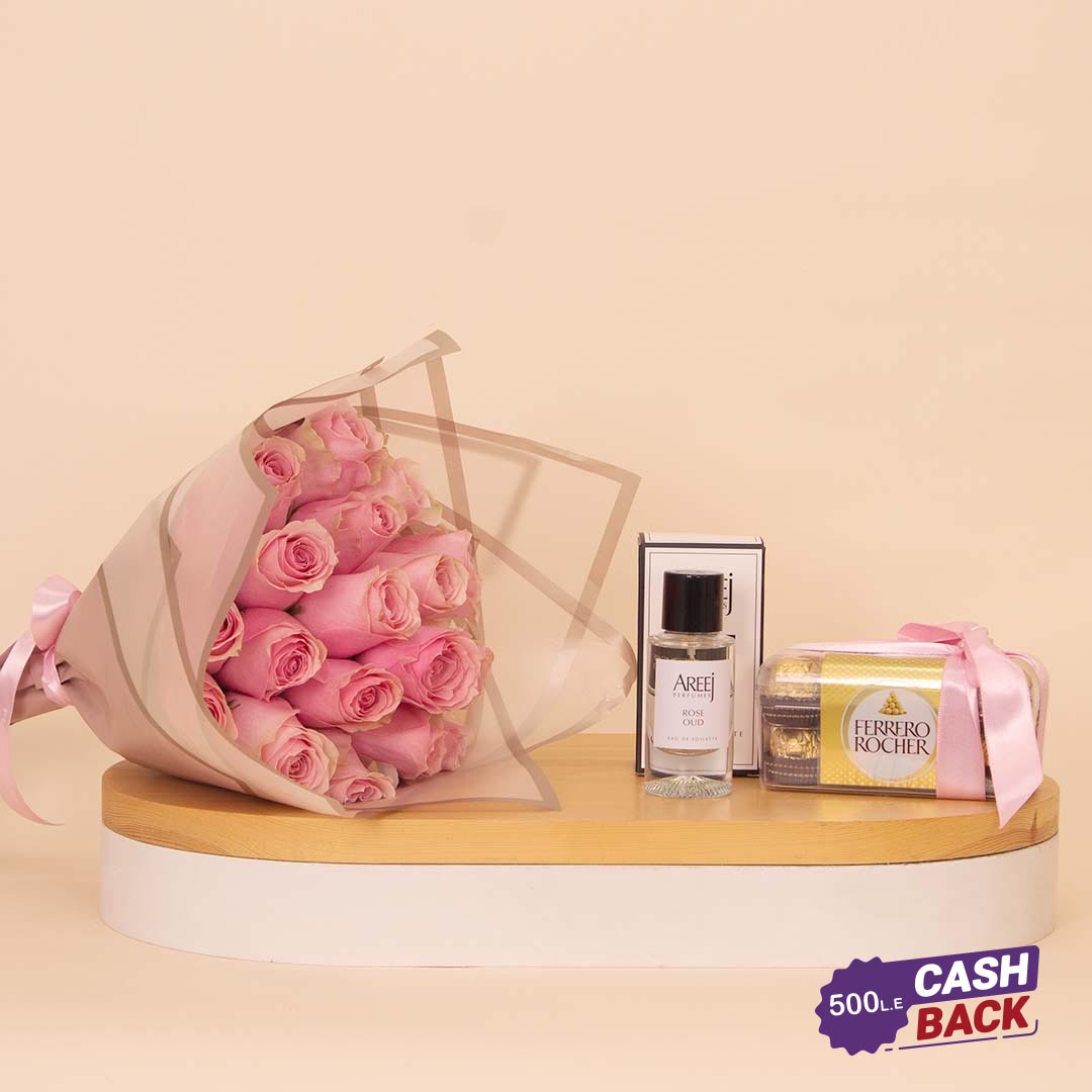 Flowrista Online Flowers Shop هدية عطر أريج، شوكولاتة فيريرو روشيه وورود وردية
