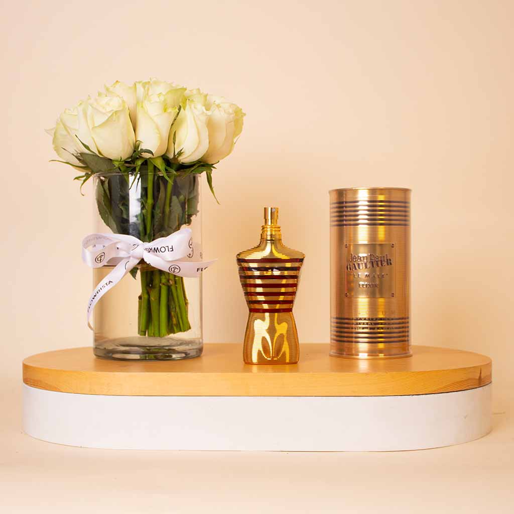 Flowrista Online Flowers Shop جان بول غوتييه لو مال إليكسير أو دو بارفان ١٢٥ مل مع باقة من الورود البيضاء