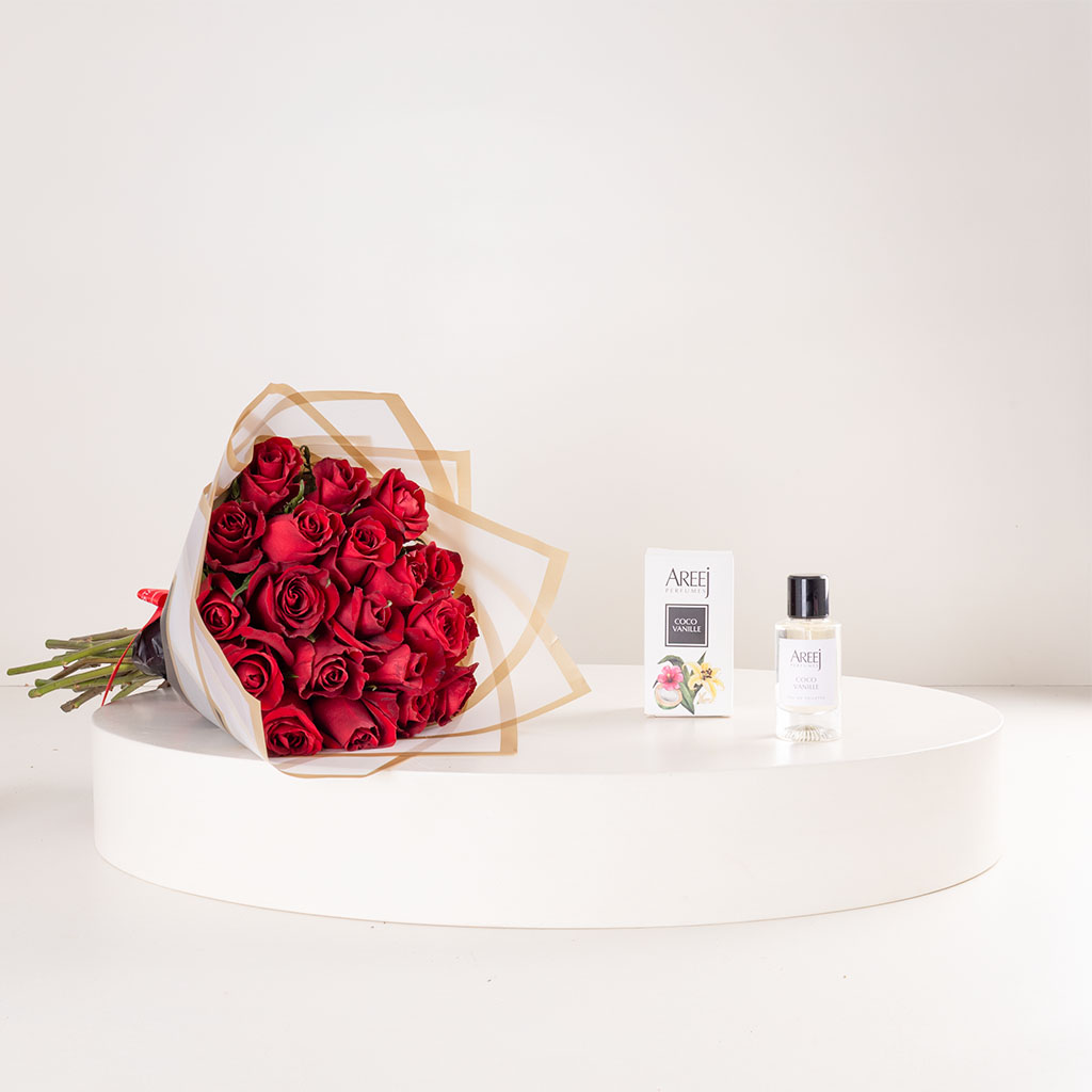 Flowrista Online Flowers Shop عطر كوكو فانيلا أو دو تواليت من أريج  مع بوكيه 15 وردة حمراء