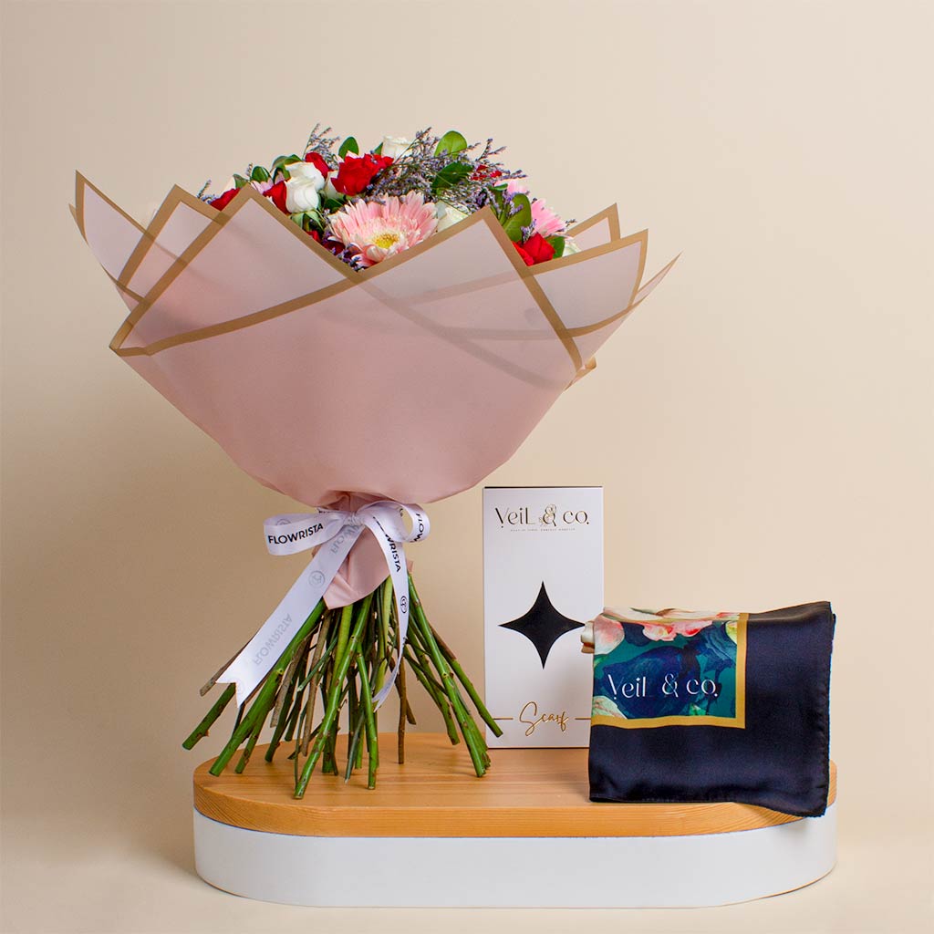 Flowrista Online Flowers Shop Colorful bouquet and Veil & Co Royal Blossom silk hijab