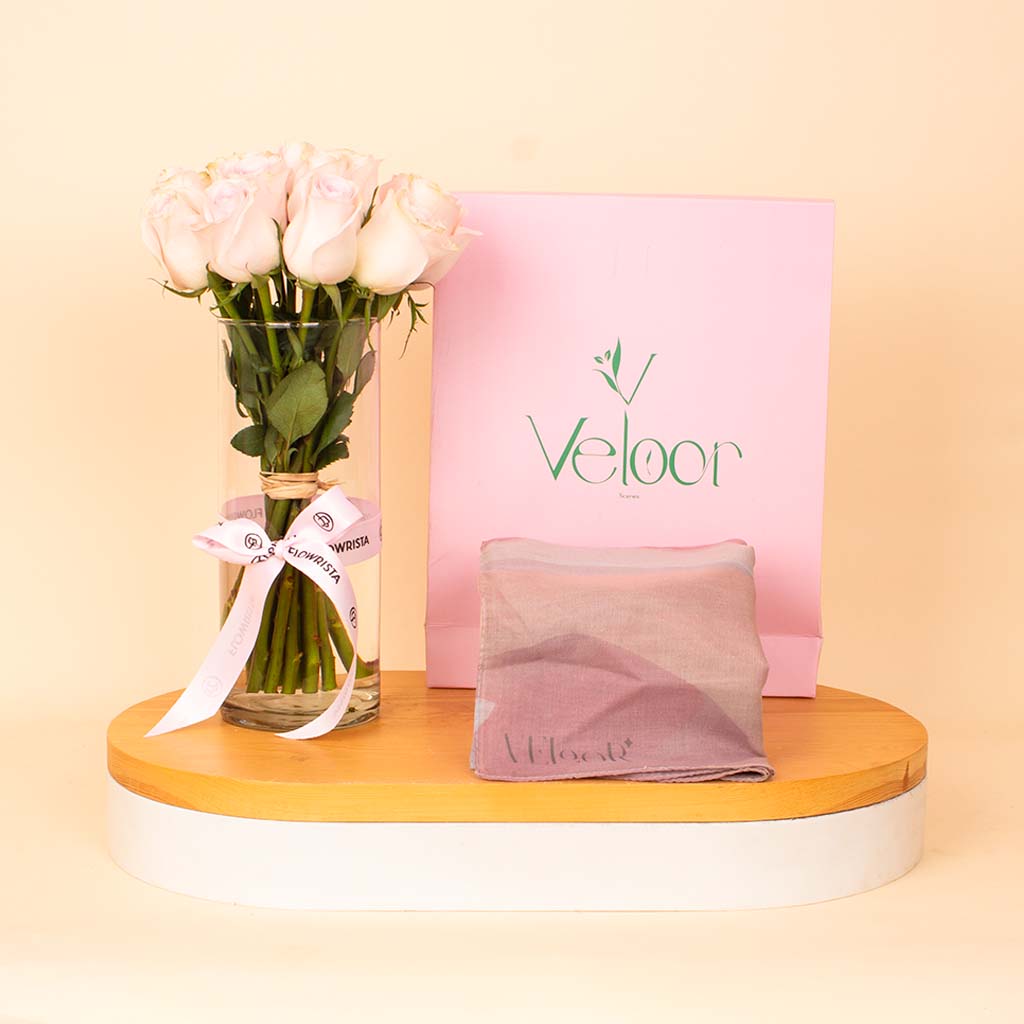 Flowrista Online Flowers Shop Veloor Jade Scarf & Pink Roses Vase