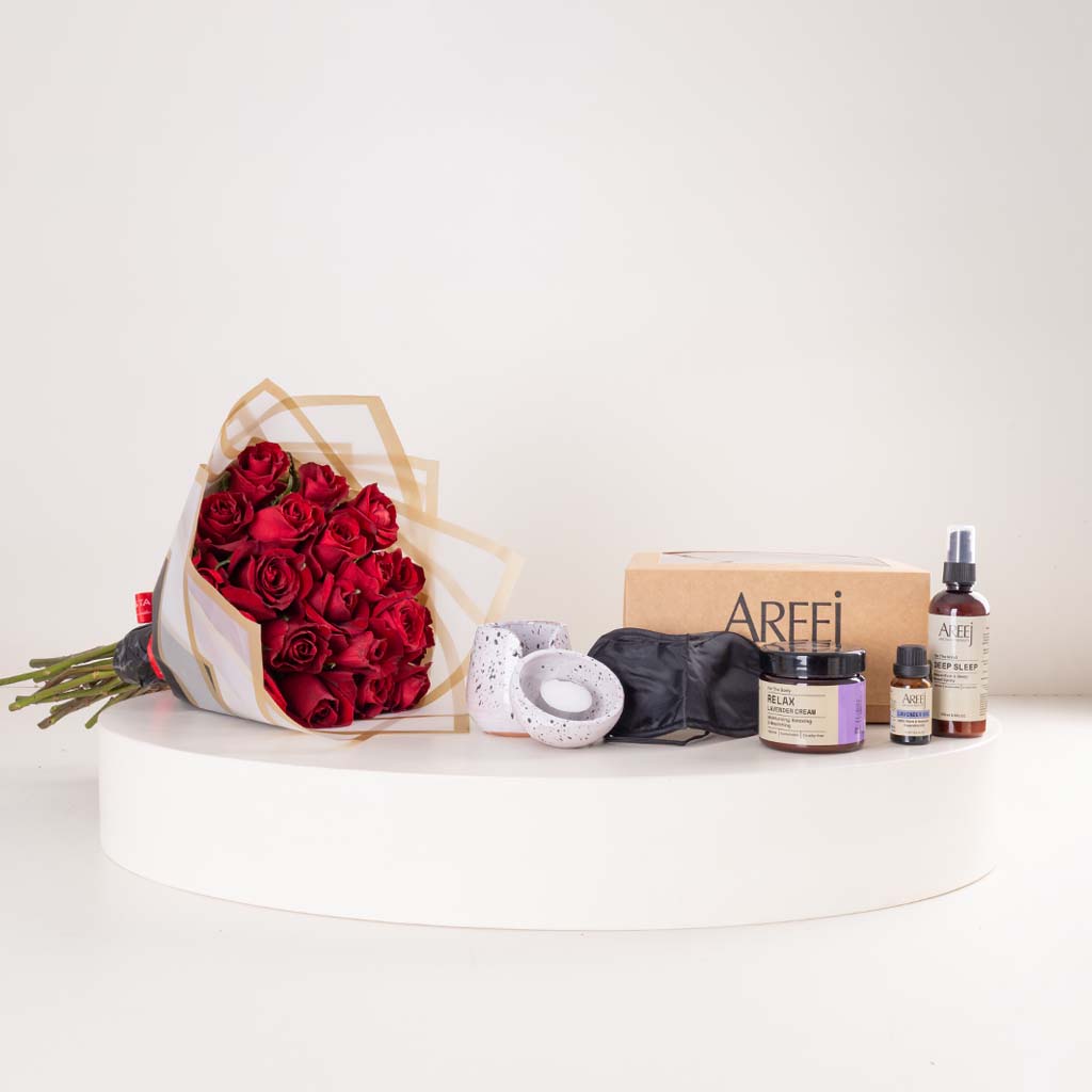 Flowrista Online Flowers Shop مجموعة أريج للنوم العميق والاسترخاء | باقة من زهور اللافندر والورود الحمراء