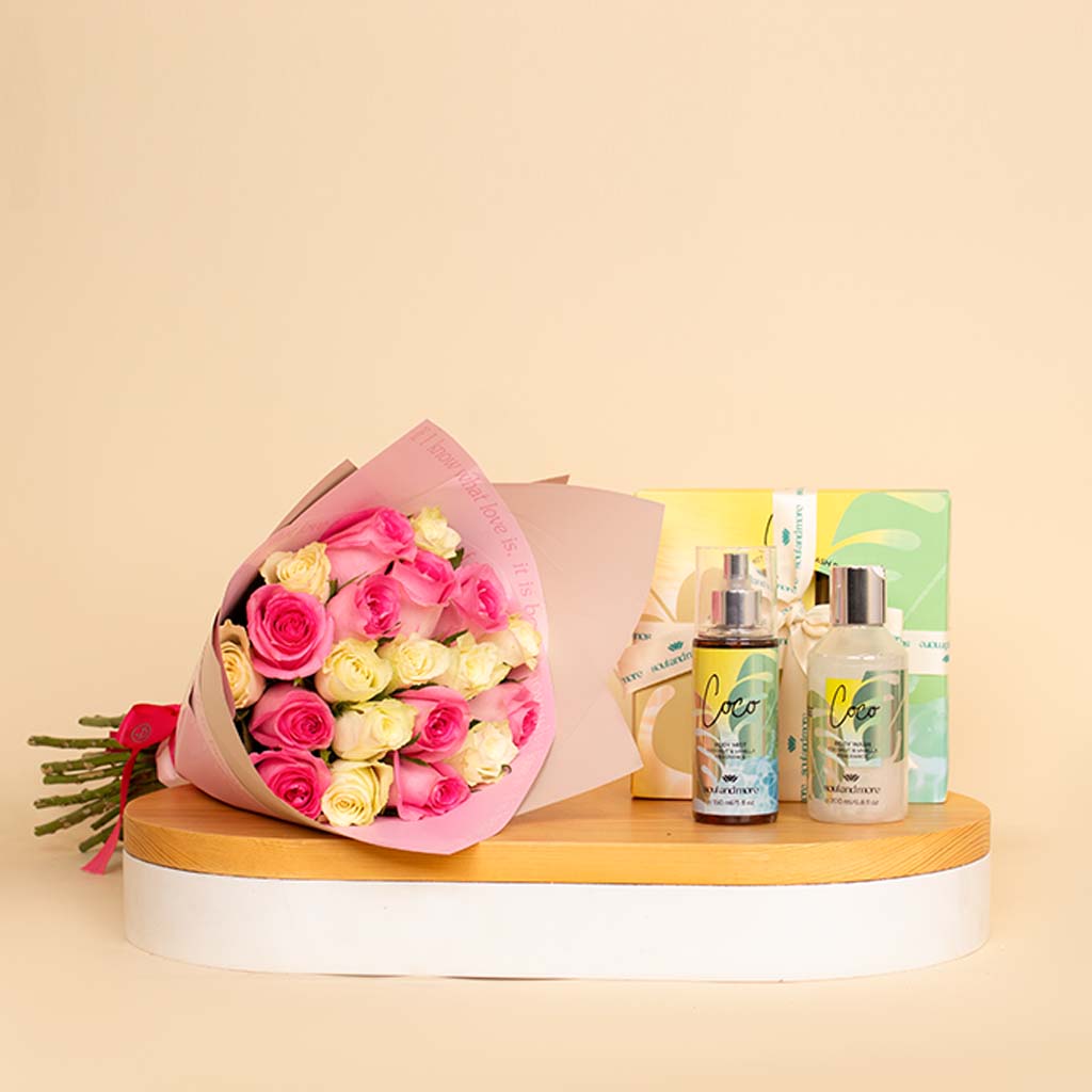 Flowrista Online Flowers Shop مجموعة "سول آند مور كوكو" من قطعتين | باقة متنوعة من 20 وردة وردية وبيضاء