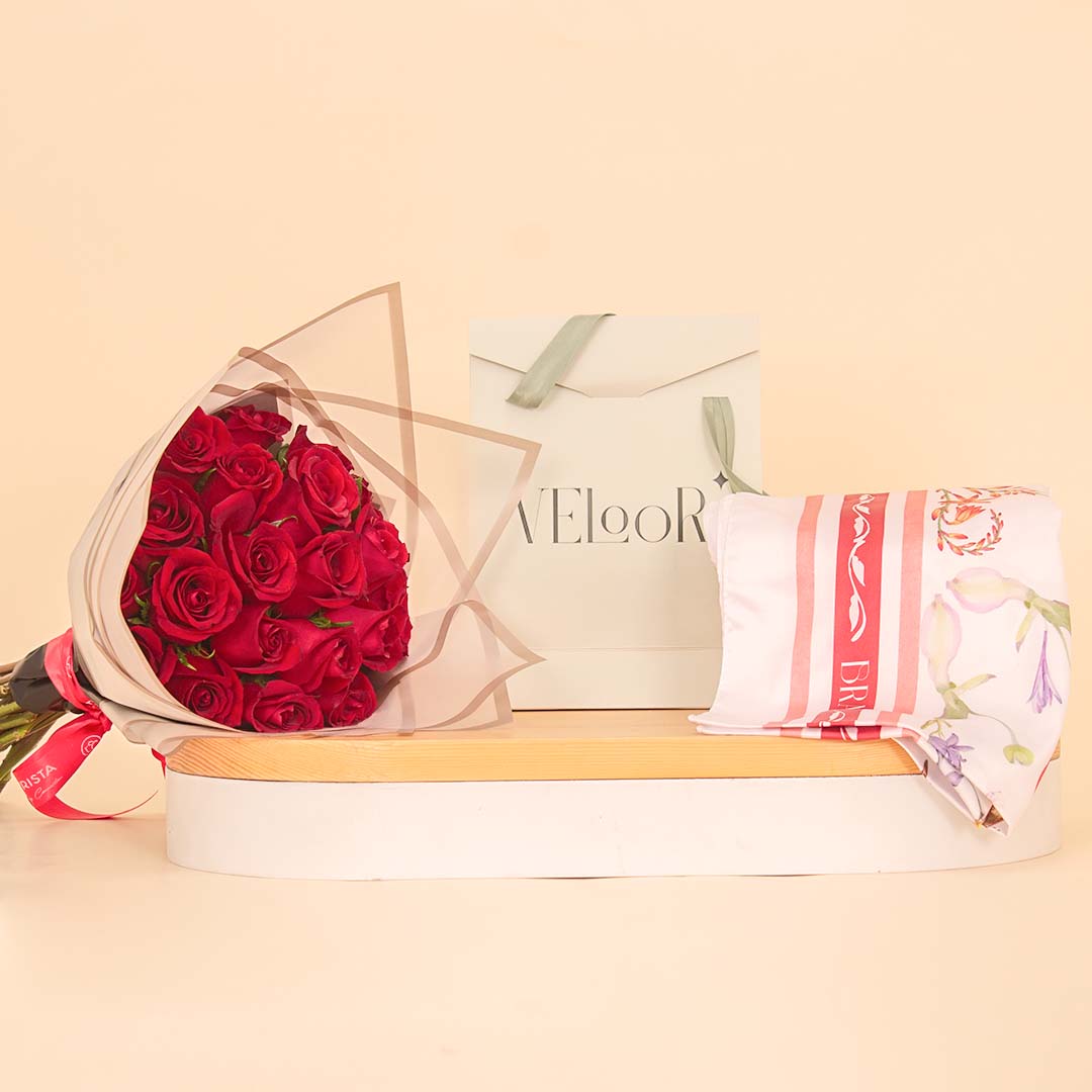 Flowrista Online Flowers Shop Veloor Rouge Scarf مع بوكيه 20 وردة حمراء