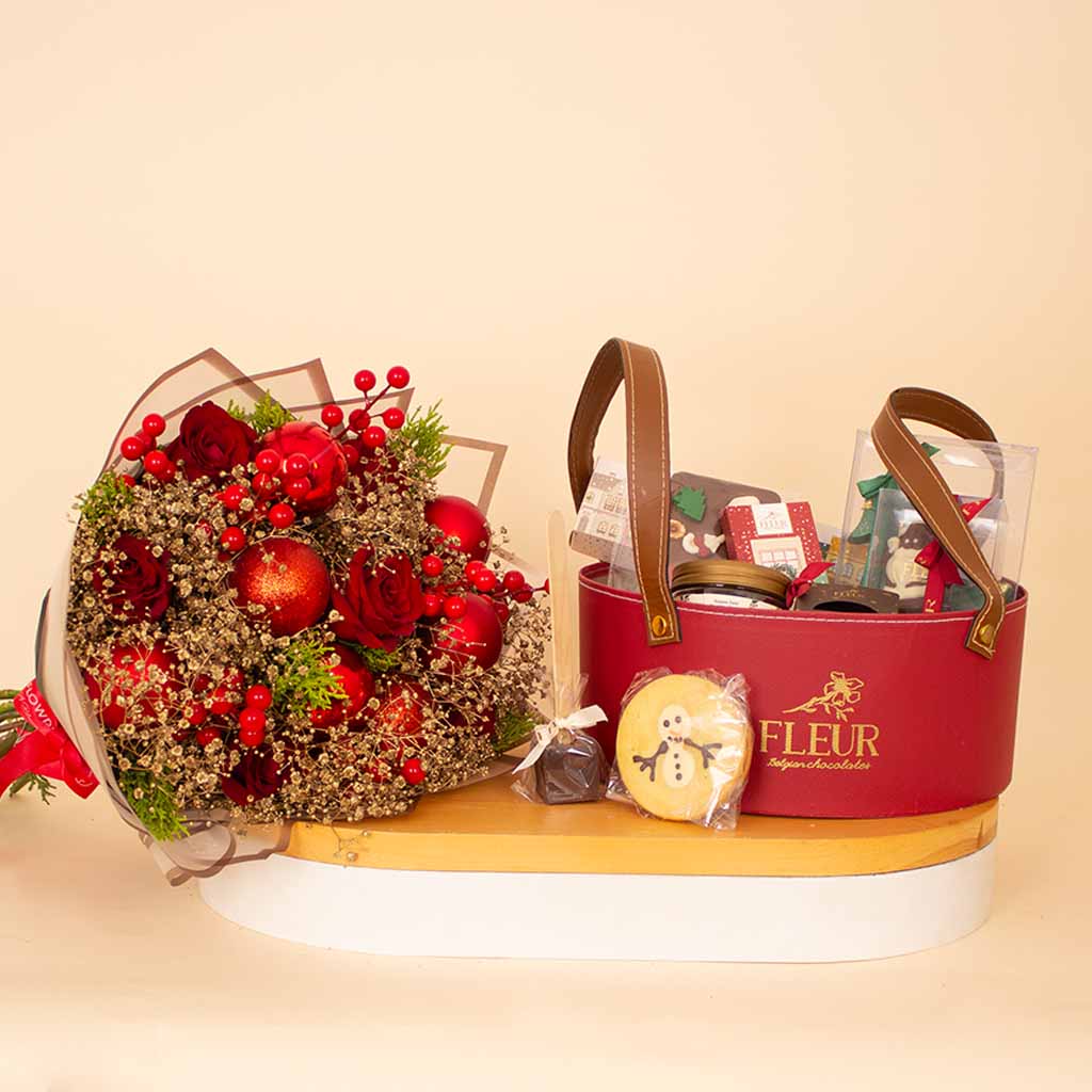 Flowrista Online Flowers Shop سلة هدايا فلور من  الشوكولاتة البلجيكية مع باقة زهور احتفالية