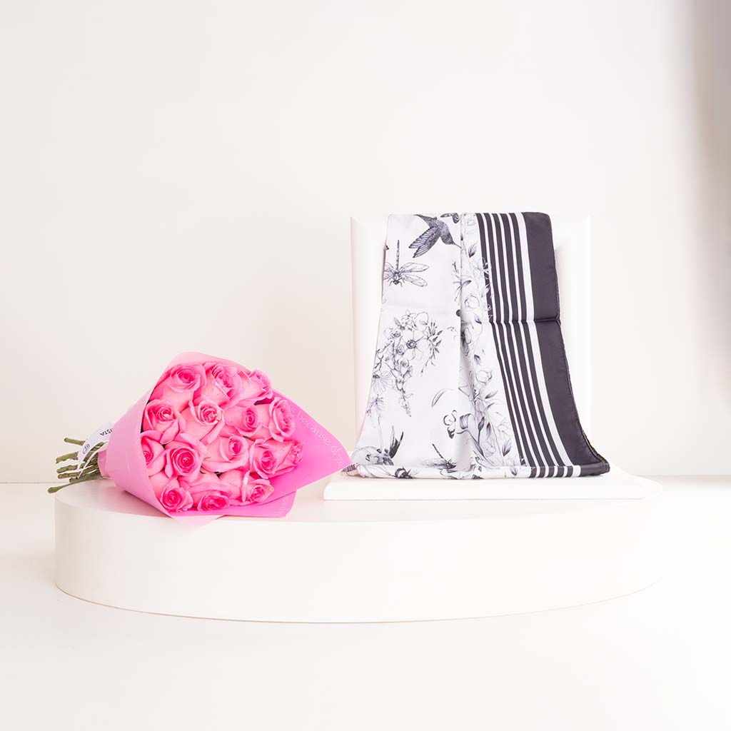 Flowrista Online Flowers Shop Veloor Hams Scarf & 15 Pink Roses Bouquet