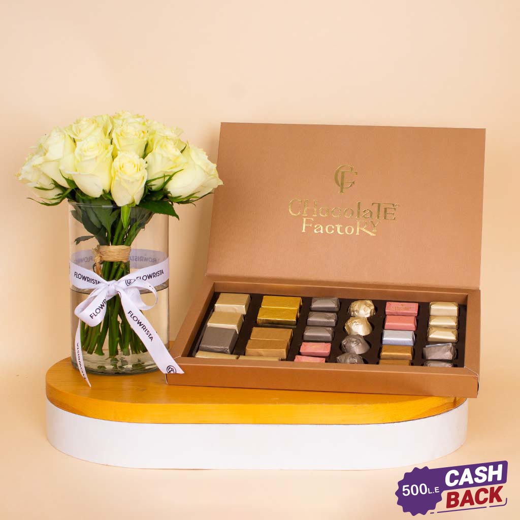 Flowrista Online Flowers Shop Chocolate Factory Luxe Box – 28 Pieces & White Roses Vase