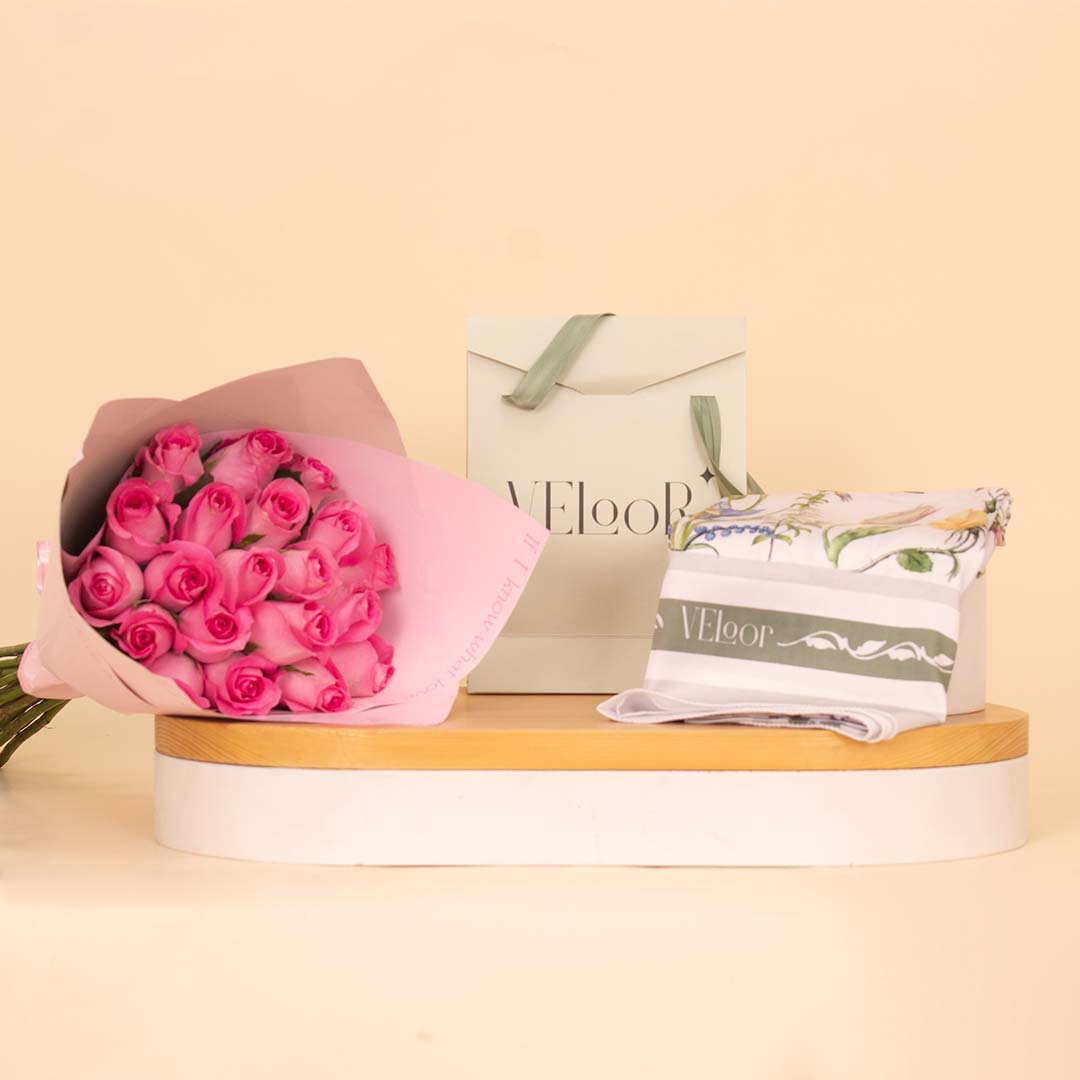 Flowrista Online Flowers Shop Flora Scarf with Hand Bouquet of 20 Pink Roses