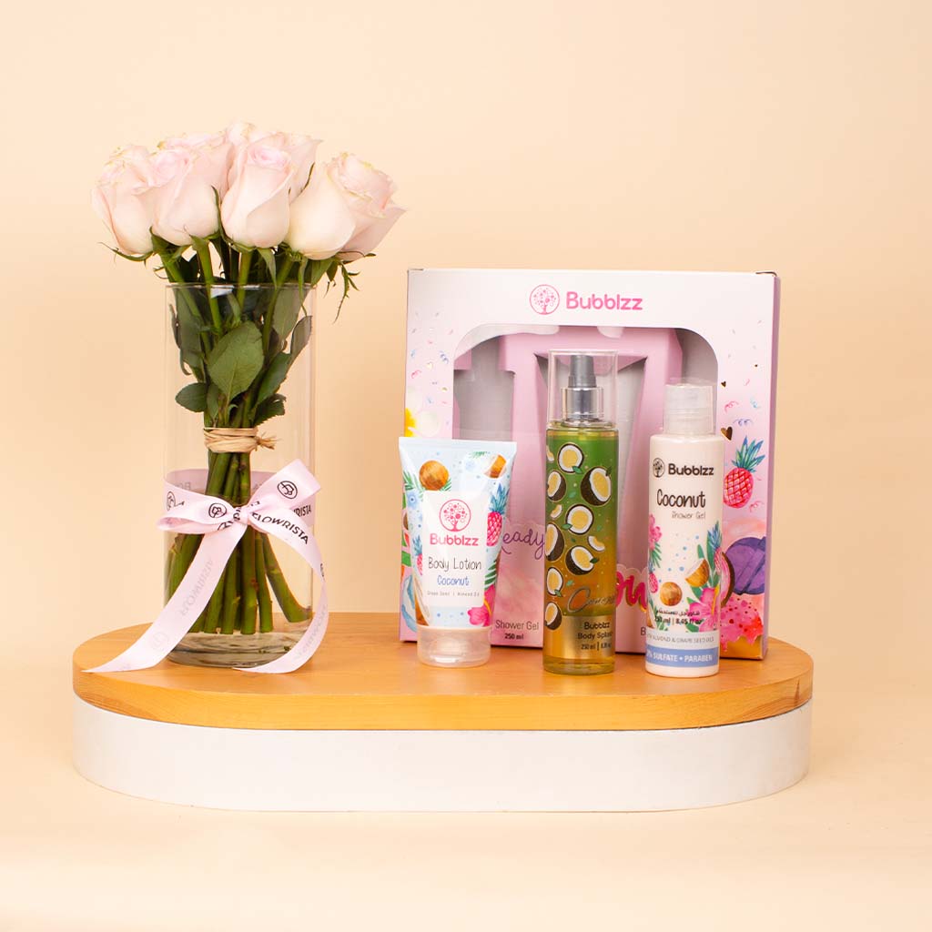 Flowrista Online Flowers Shop Bubblzz Glow Gift Set Coconut & Pink Roses Vase