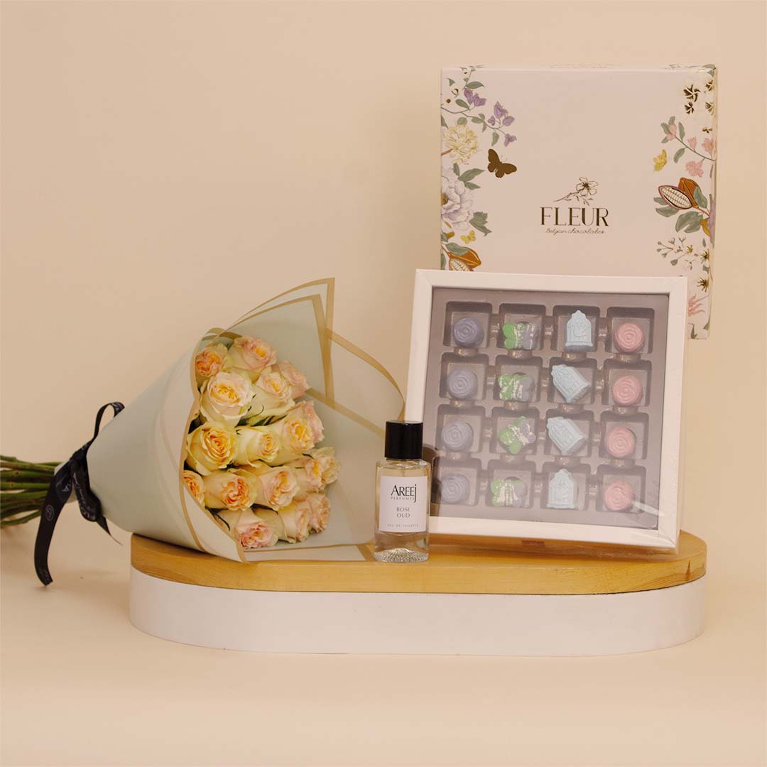 Flowrista Online Flowers Shop أريج وفلور: مجموعة هدايا من الورود وعطر العود والشوكولاتة البلجيكية