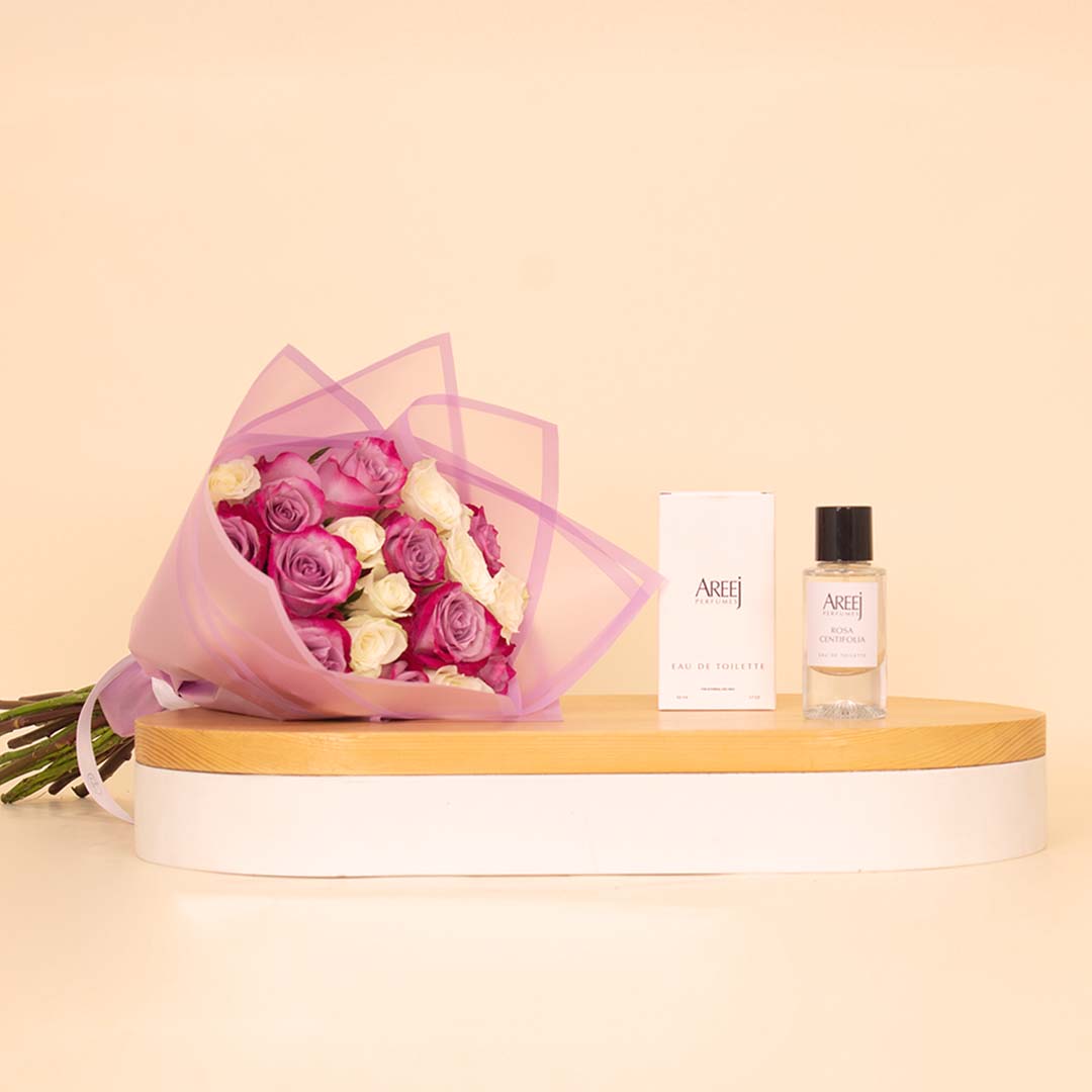 Flowrista Online Flowers Shop Areej Rose Centifolia with Hand Bouquet of 10 Purble and 10 White Roses