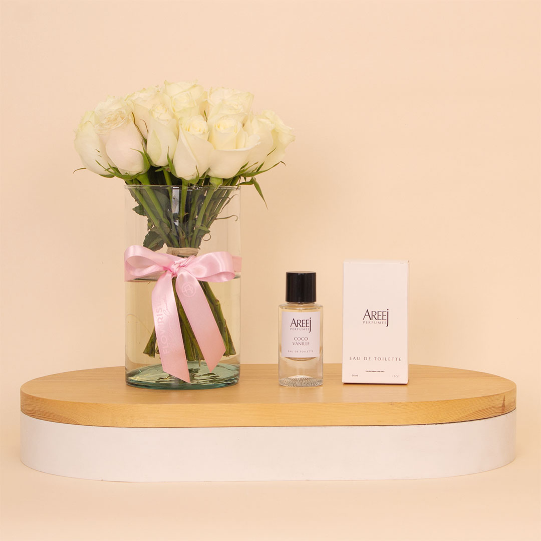 Flowrista Online Flowers Shop Areej Coco Vanille Eau de Toilette & 15 White Roses Vase