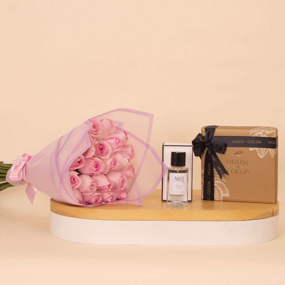 Flowrista Online Flowers Shop A Gift of Romance: Rose Oud, Chocolates & 15 Pink Roses